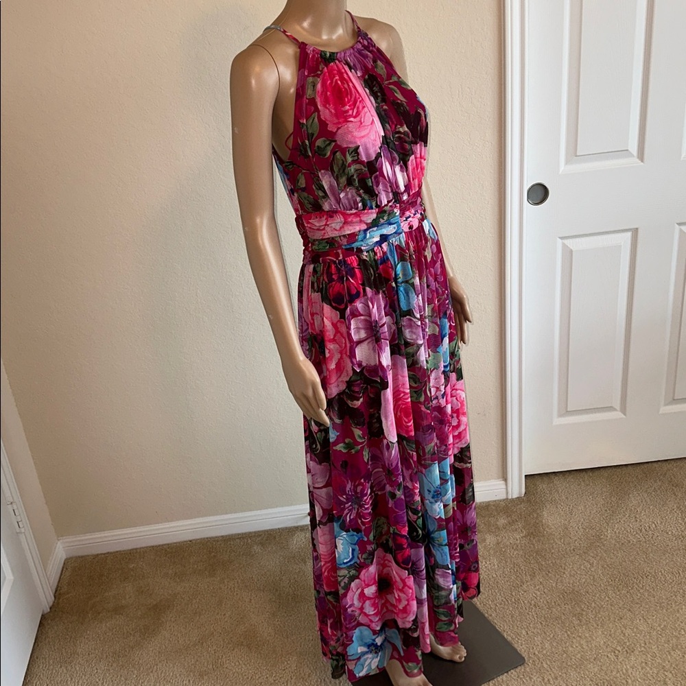 NWT London Times Floral Halter Maxi Dress in Magenta and Blue Size 6 - Picture 2 of 15